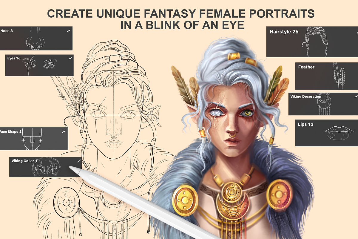 PROCREATE FANTASY WOMEN PORTRAIT, a Brush Add-On by AlexandraArt (Photo 3 of 8)