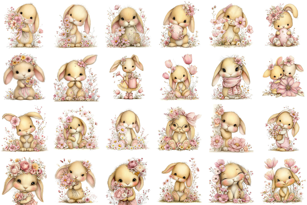 Watercolor Floral Bunnies Clipart, an Animal Illustration by designcity5 (Photo 2 of 5)