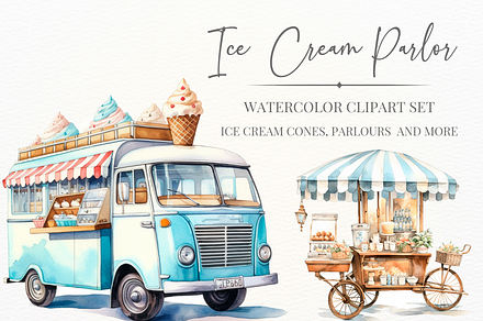 Ice Cream Parlor Watercolor Clip Art, a Food Illustration by The Handmade Muse