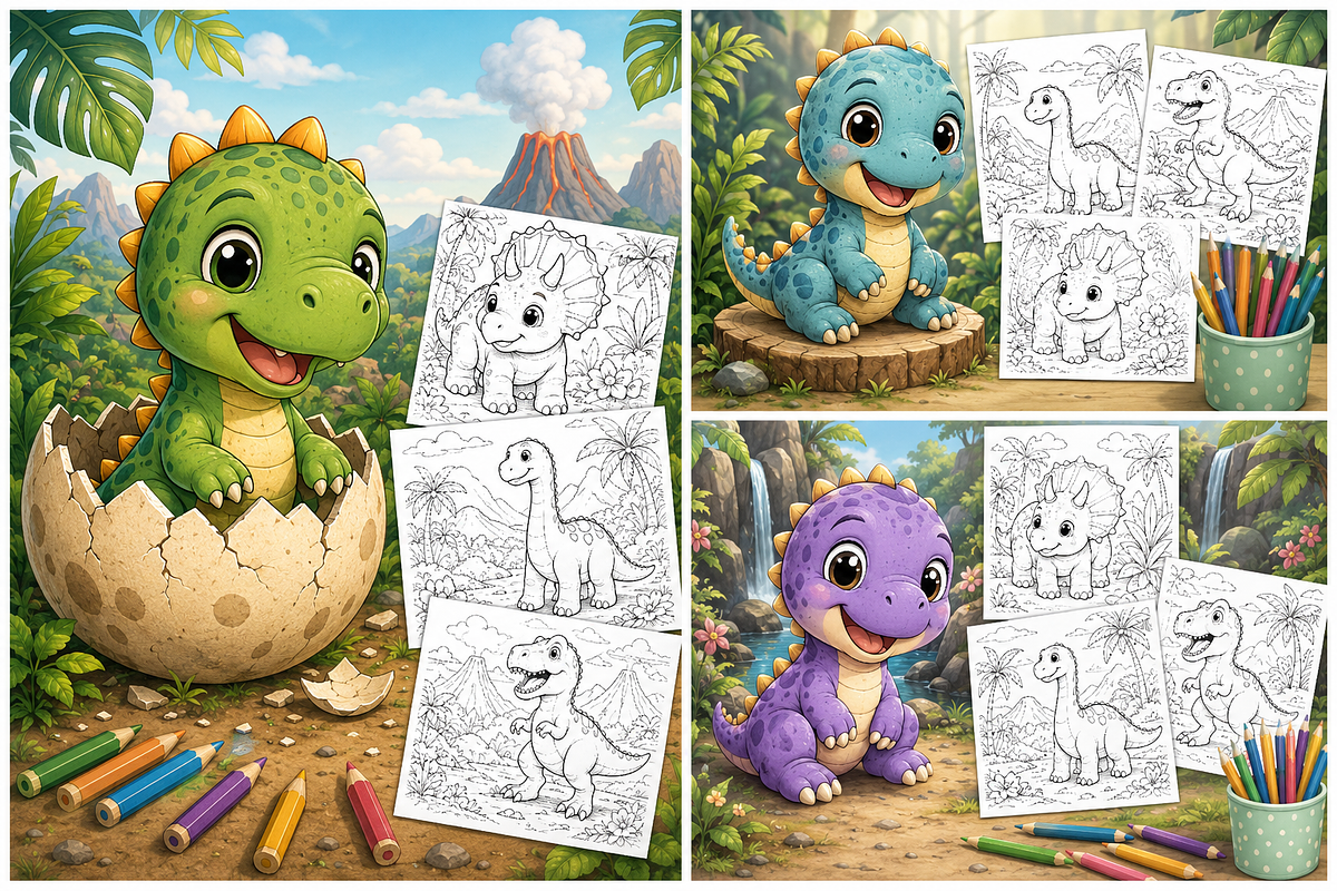 Cute Dinosaur Coloring Book Pages, a Pattern Graphic by S Graphic Studio (Photo 2 of 3)