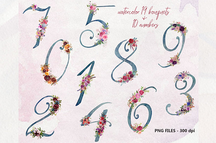 Watercolor 19 bouquets and 10 number