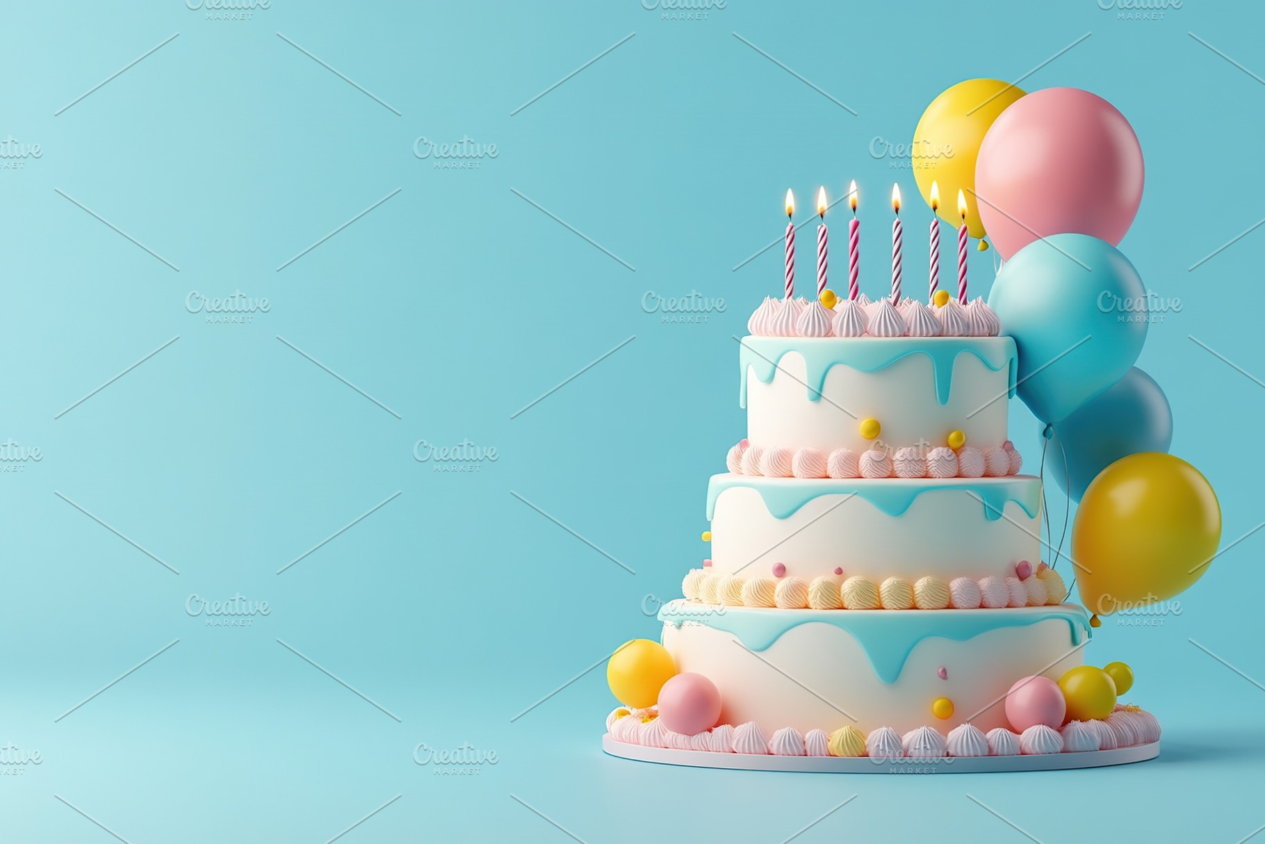 Illustration of tiered birthday cake with party balloons and candles, a Food & Drink Photo by AlyaAnd