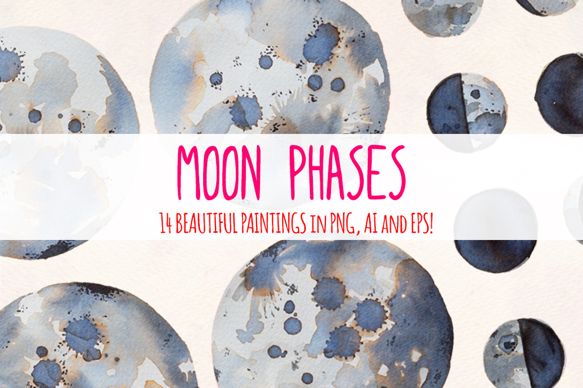 14 Moon Phases Watercolor Graphics, a Seasonal Illustration by Violet LeBeaux (Photo 1 of 3)