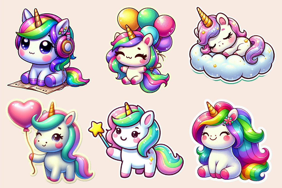 Kawaii Unicorn Stickers Clipart, an Illustration by Designworld (Photo 2 of 7)