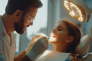 Photo of a child girl sitting in a dental chair and male dentist treating her t, a Health & Medical Photo by AlyaAnd