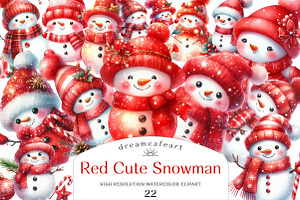 Red Cute Snowman Clipart, an Illustration by DreamCafeArt