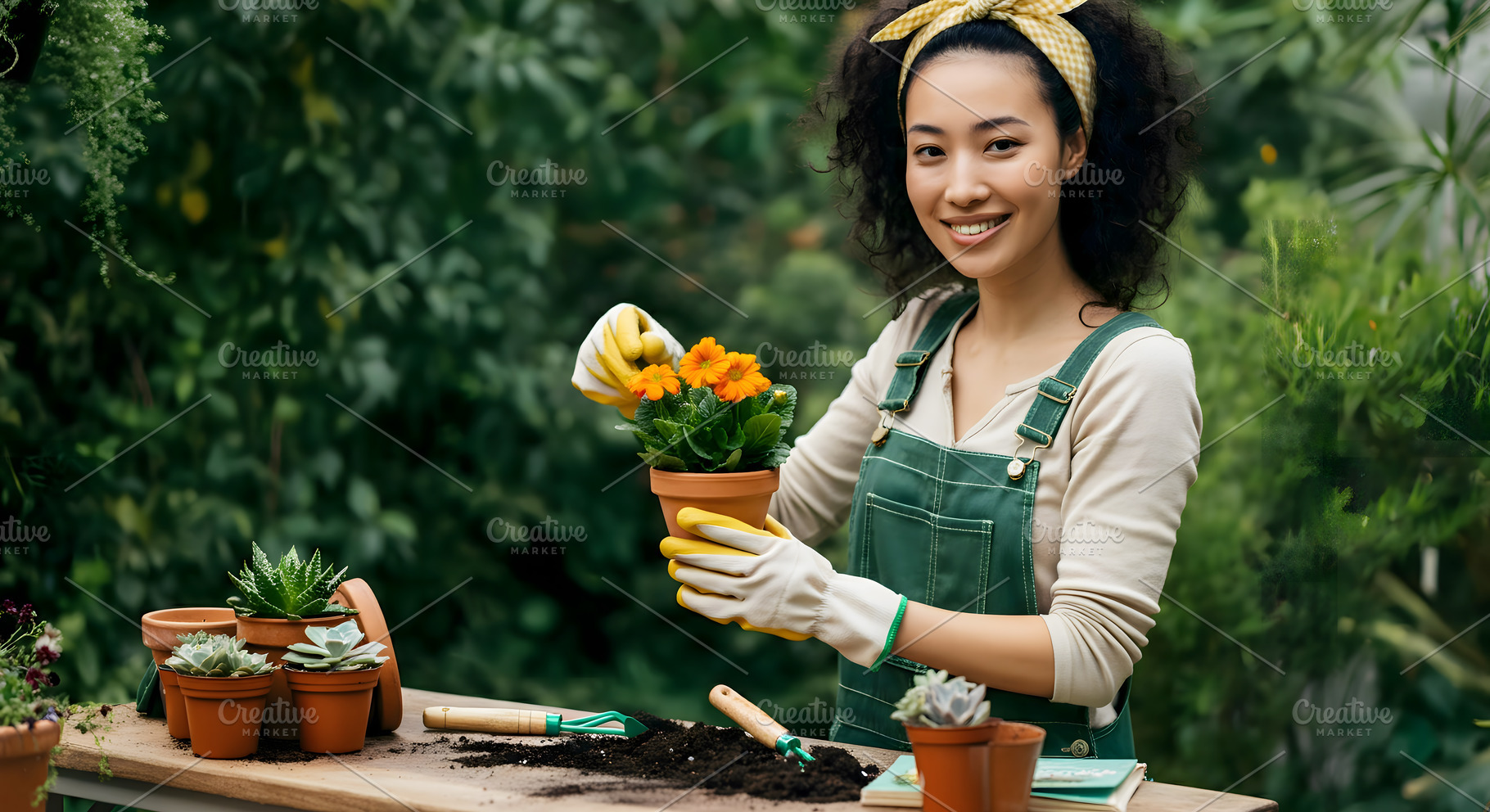 Asian woman gardening and holding po, a Nature Photo by Stock Shape