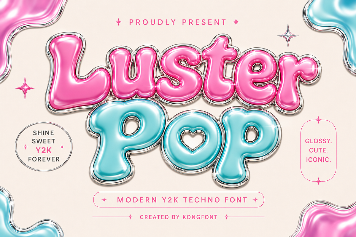 Luster Pop - Modern Y2K Techno Font, a Handwritten Font by overlaytemplates (Photo 1 of 5)