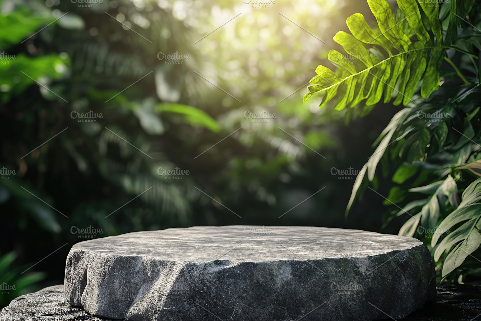 Unique podium display for products in a lush green environment with natural lig, a Background Photo by AlyaAnd