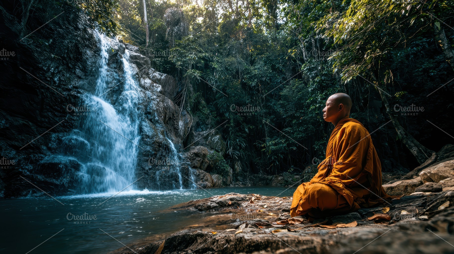 Monk sitting by a waterfall, a Photo by Pavel_design