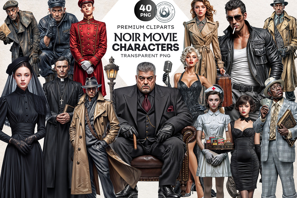 Noir Movie Characters clipart set, a Decorative Illustration by ThatsDesignArt (Photo 1 of 10)