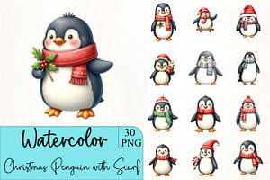 Christmas Penguin with Scarf Clipart, an Illustration by CrexoraLab