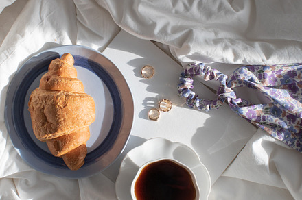 Cup of coffee, accessories on linen, a Beauty & Fashion Photo by Nina Stock Photos
