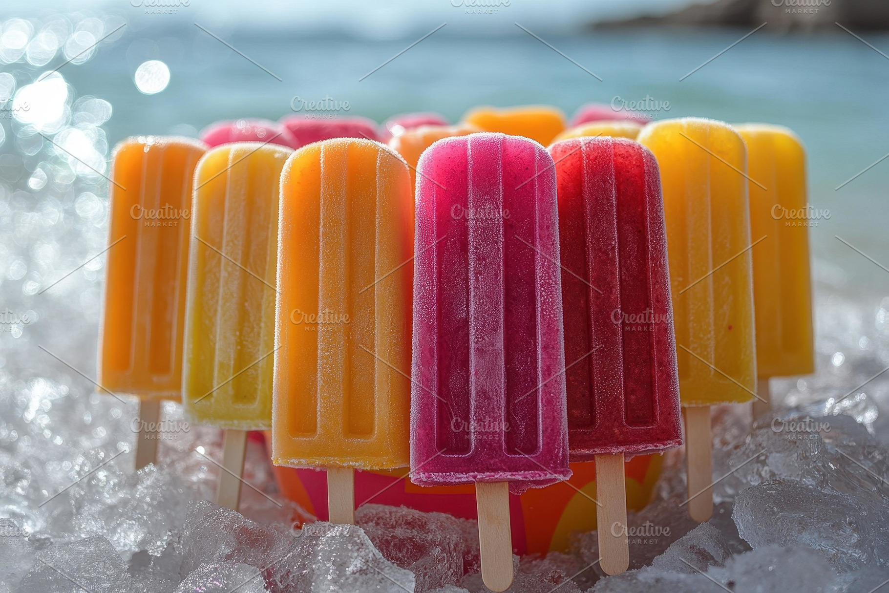 Colorful popsicles arranged on ice b, a Photo by Tanuart