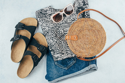 Flat lay with summer clothing stock photo containing accessories and accessory, a Beauty & Fashion Photo by Anikona
