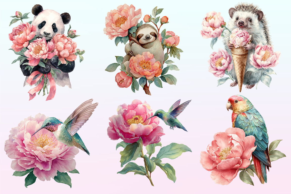 Summer Peony Animals Clipart., a Graphic by CitraGraphics (Photo 2 of 4)