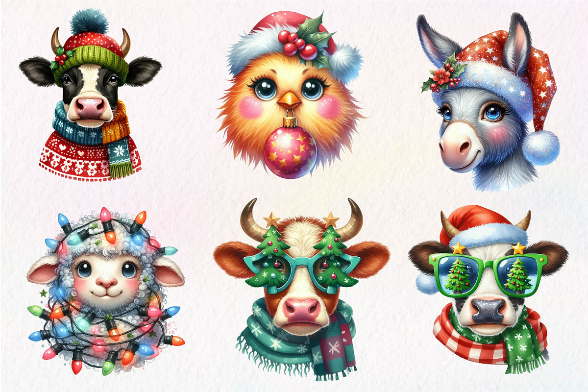 Christmas Farm Animal Face Clipart, an Illustration by Dream Creation (Photo 6 of 7)