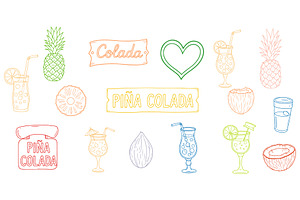 Hand Drawn Piña Colada Tropical Set
