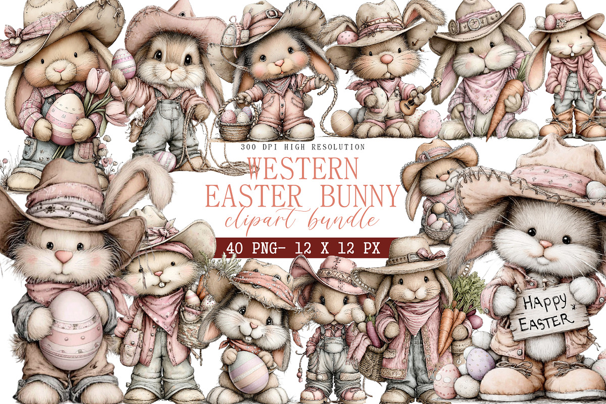 Western Easter Bunny Clipart, an Illustration by DreamArtGraphic (Photo 1 of 4)