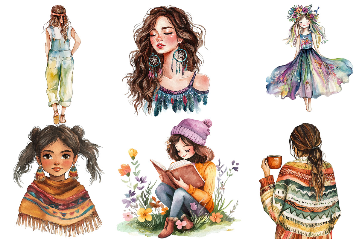 Watercolor Boho Girls Clipart, an Illustration by Designworld (Photo 2 of 6)