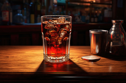 A glass of cola with ice on a wooden, a Photo by Iftikhar Alam