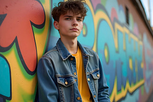 Young Man Posing Against Colorful Gr, a Photo by LOGOCREATIVE