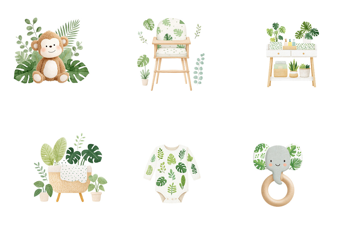 Watercolor Jungle Nursery Clipart, a Seasonal Illustration by CreationArt (Photo 2 of 4)