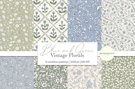 Blue and Green Vintage Florals, a Pattern Graphic by Mieken Petra Designs