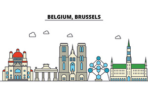 Belgium, Brussels. City Skyline: Architecture, Buildings, Streets, Silhouette, Landscape, Panorama, Landmarks. Editable Strokes. Flat Design Line Vect