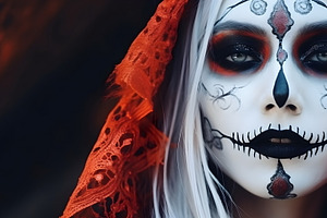 Closeup portrait of Calavera Catrina, young woman with halloween, a Holiday Photo by Mashimara