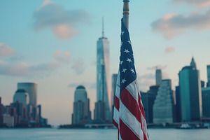 American flag waving on Manhattan background, a Photo by AlyaAnd