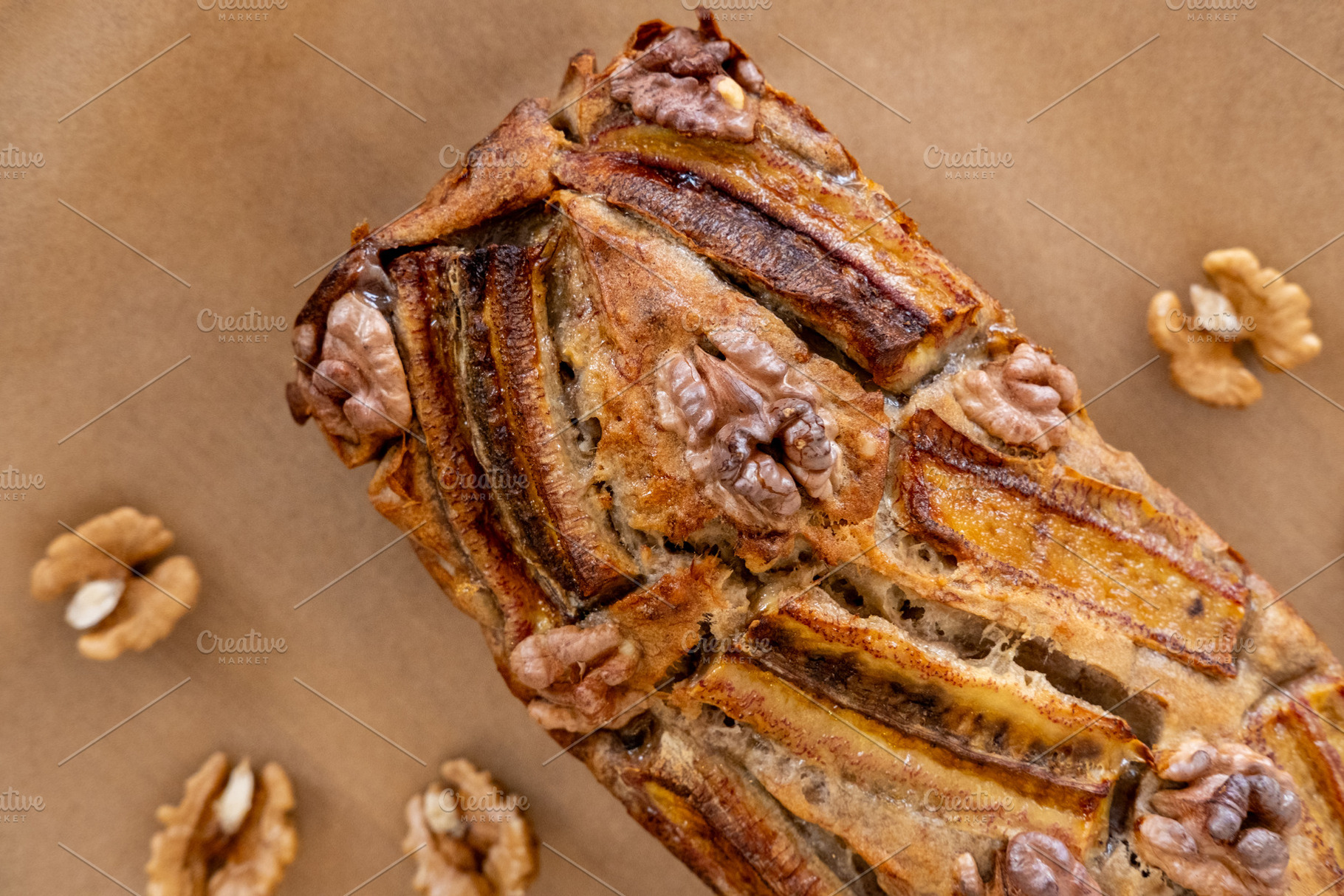 Home treat sweet loaf banana bread caramelized, a Food & Drink Photo by Photo Drive Studio