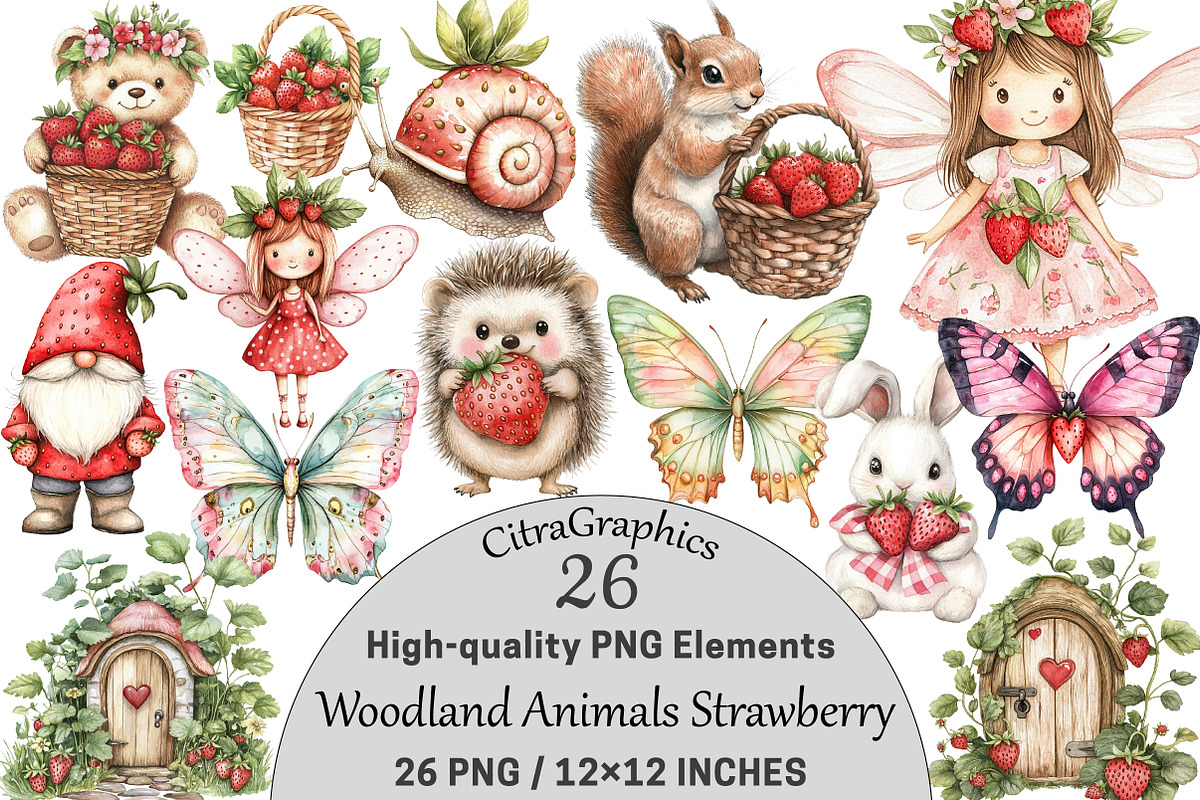 Woodland Animals Strawberry Clipart, a Seasonal Illustration by CitraGraphics (Photo 1 of 4)