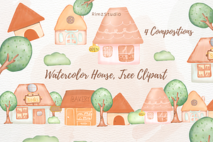 Watercolor Countryside Homes, Trees