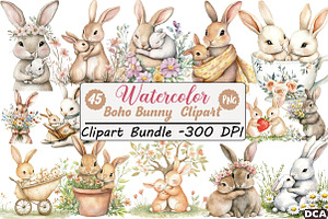 Boho Bunny Clipart, an Illustration by DreamCafeArt