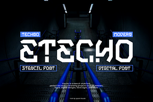 Etecho - Stencil Tech Font, a Sans Serif Font by Iqsiart Studio