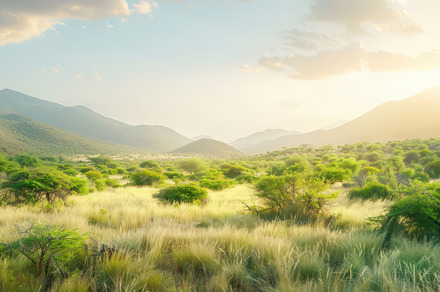 Beautiful panoramic view of an African savanna with lush green vegetation under, a Nature Photo by Mashimara