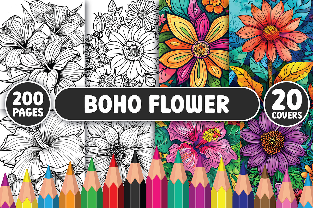 200 Boho Flower Coloring Pages, an Illustration by BrightMart (Photo 1 of 3)