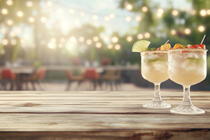 Margarita cocktails on wooden table with blurred outdoor summer, a Photo by Dvoevnore photos