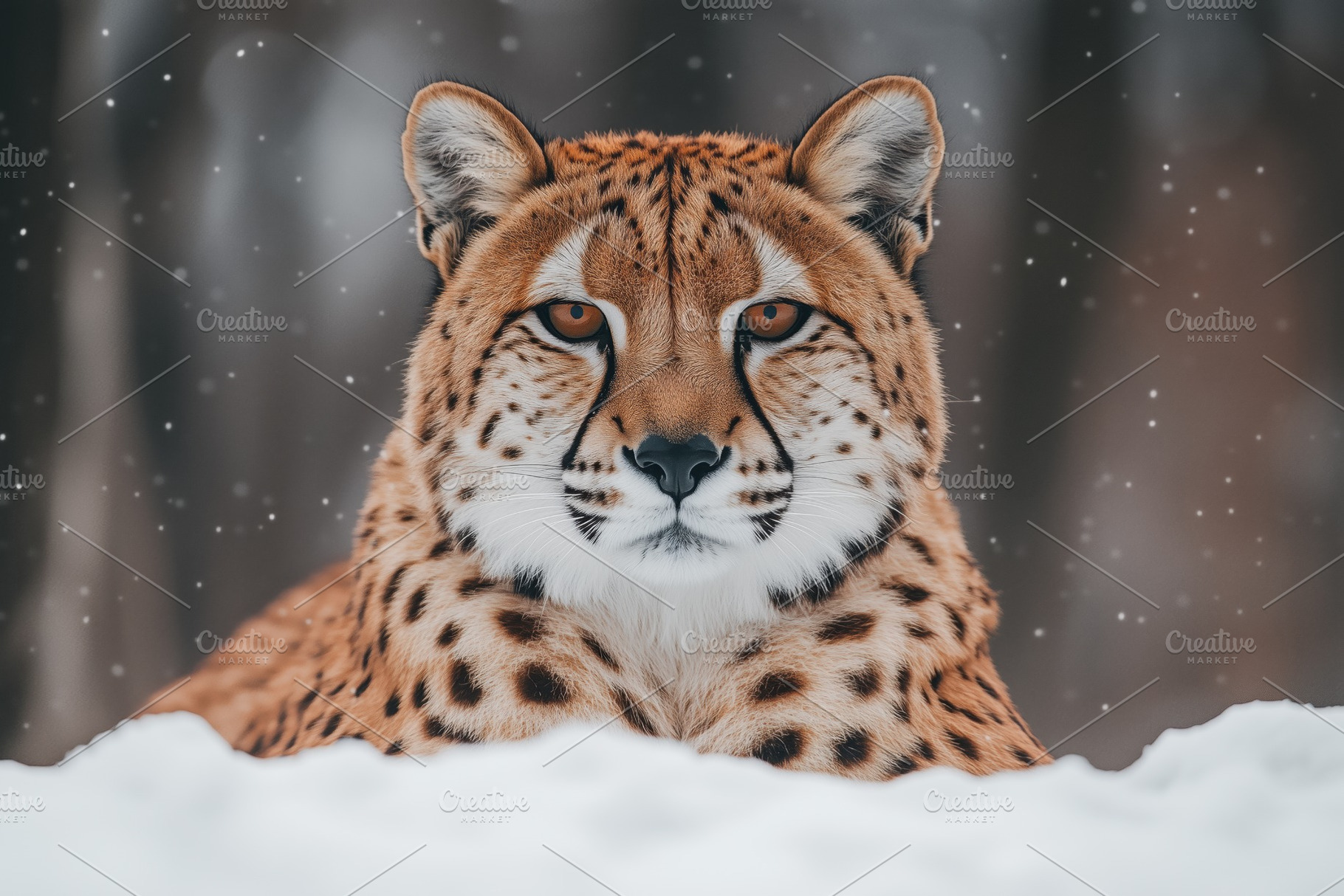 A close-up of a cheetah resting in the snow, with a blurred winter background., an Animal Photo by Textures & Backgrounds