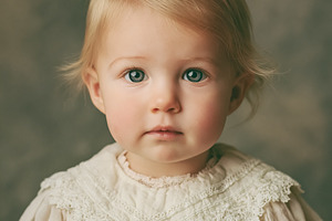Adorable blonde baby toddler wearing a vintage lace dress portra, a Person Photo by Studio ANNA