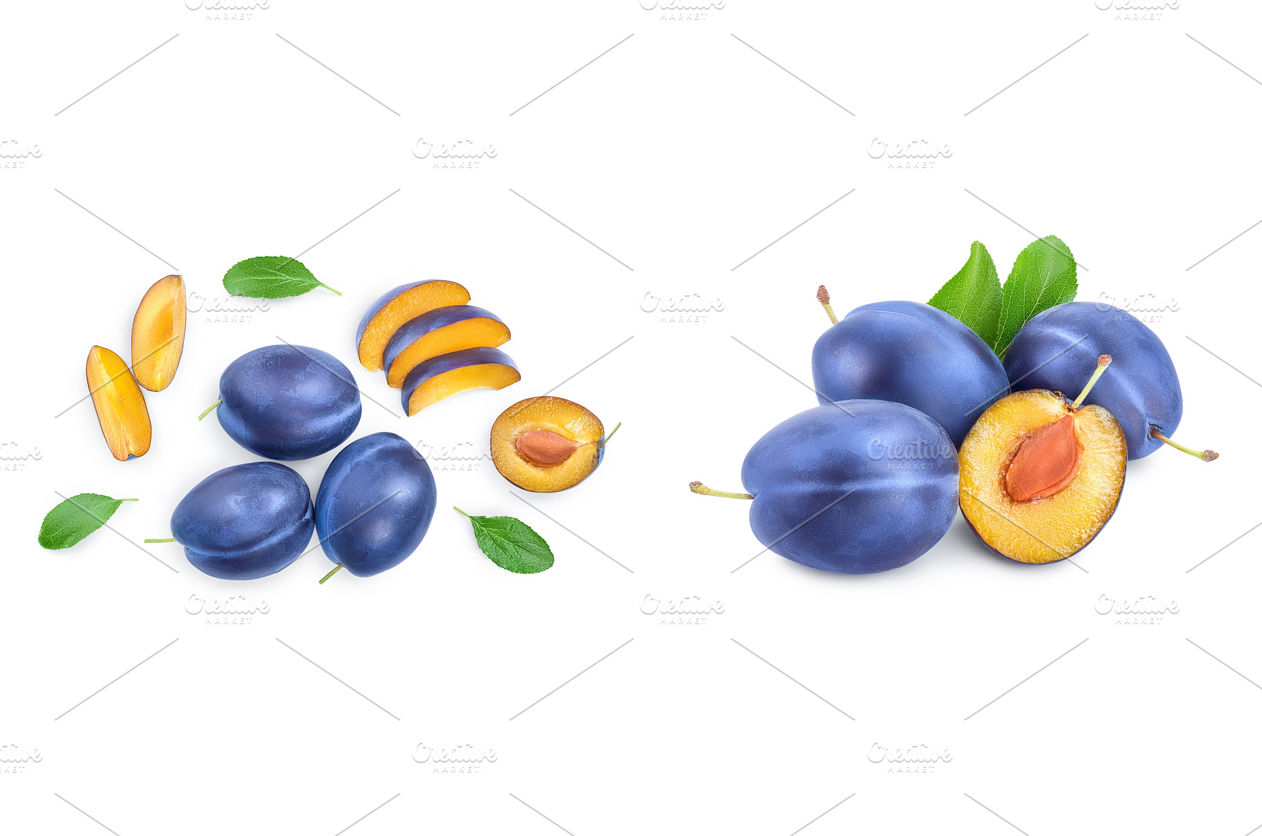 fresh blue plum and half with leaves, a Food & Drink Photo by NataPhoto