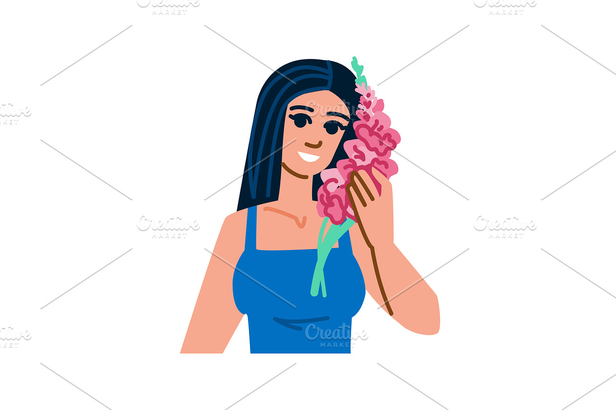 Smiling woman holding pink gladiolus, a Person Illustration by pikepicture