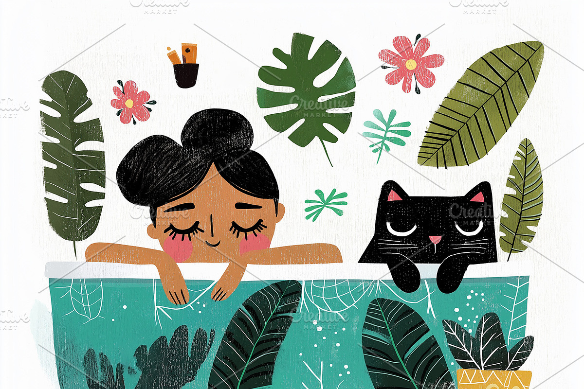 A relaxed woman taking a bath, an Illustration by Sybillla