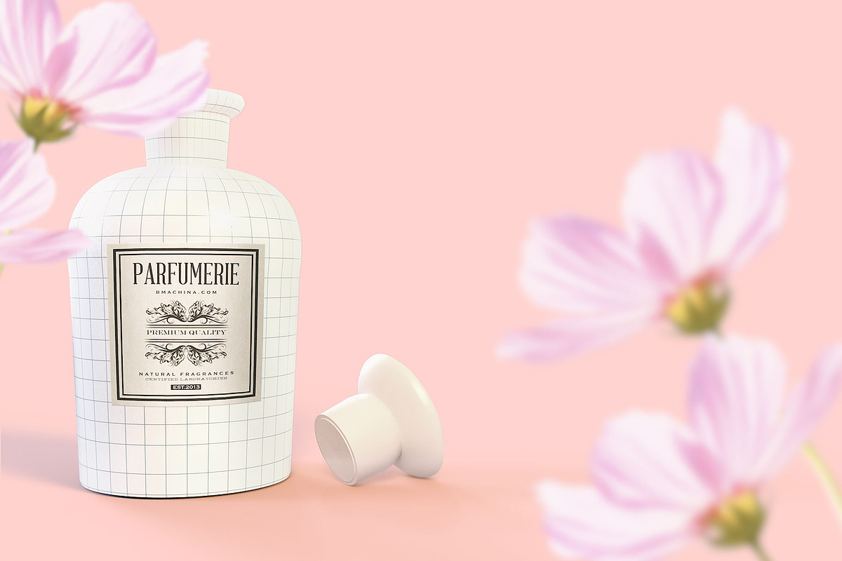 Pattern&Label Parfum Bottle Mockup, a Packaging Mockup by BMACHINA Labs. (Photo 4 of 12)