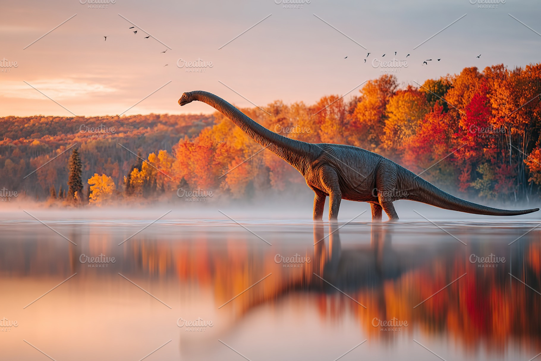 Graceful dinosaur walking through misty water with autumn foliage in the backgr, an Animal Photo by AlyaAnd