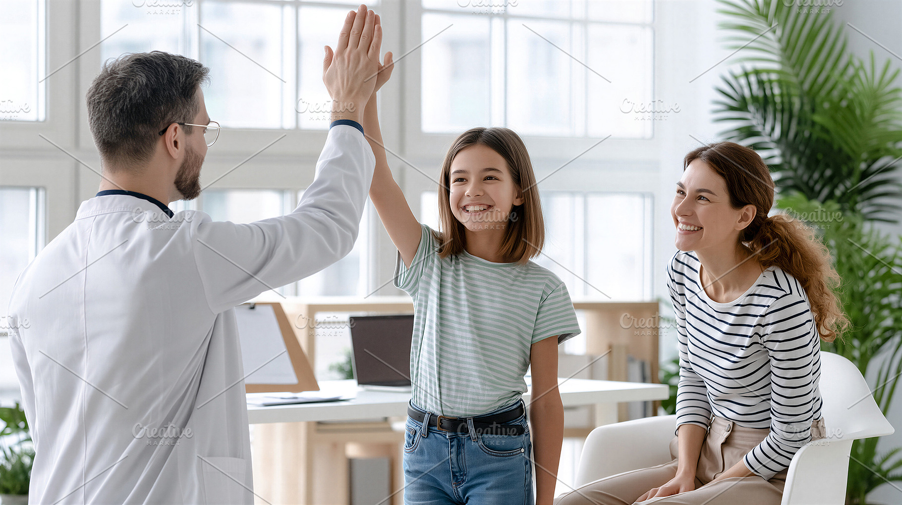 Doctor giving highfive to young girl, a Health & Medical Photo by 7DesignLab