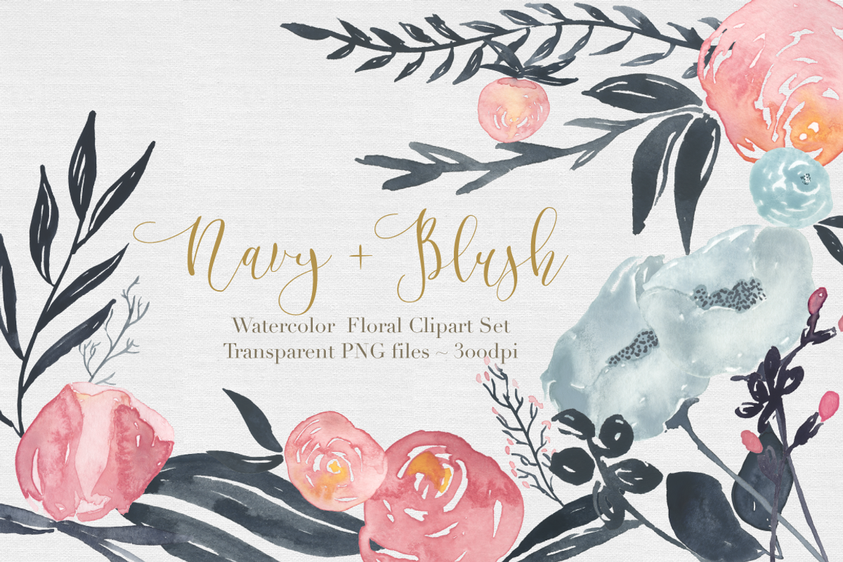 Navy + Blush Watercolor Clipart Set, an Illustration by The Autumn Rabbit Ltd (Photo 1 of 2)