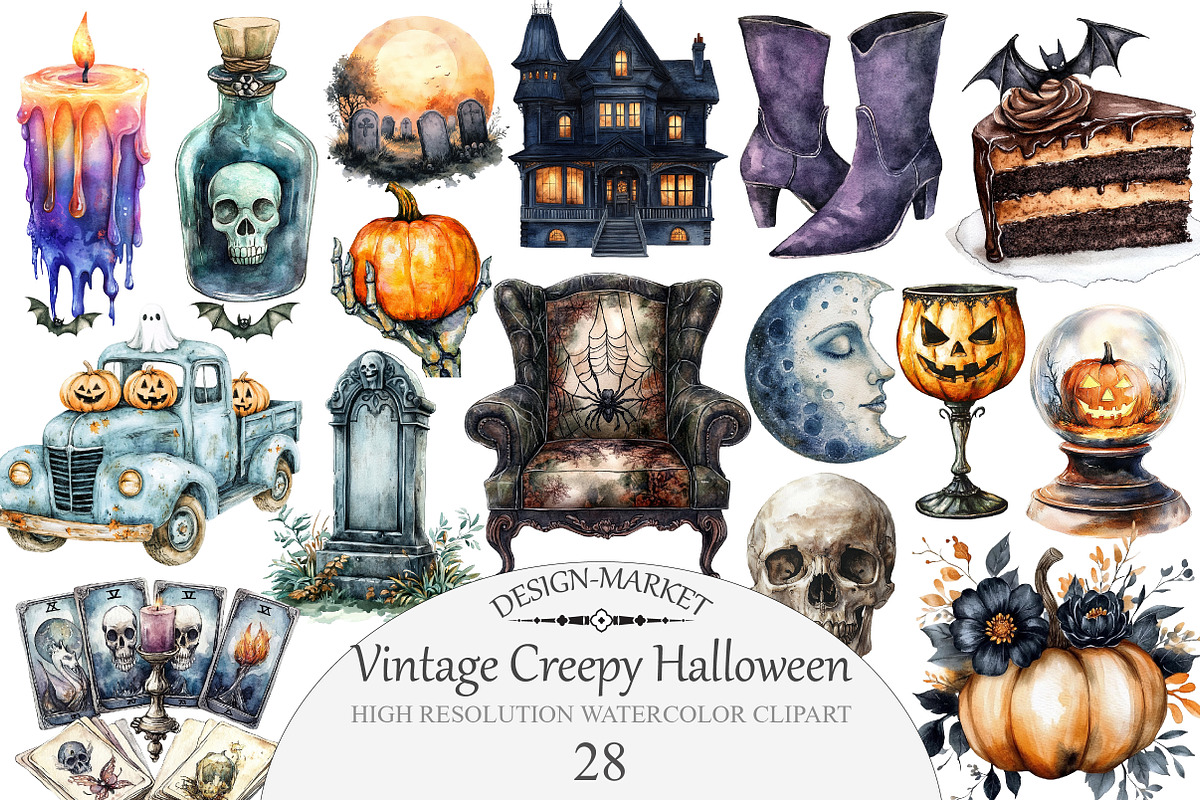 Vintage Creepy Halloween Clipart, an Illustration by Design Market (Photo 1 of 4)