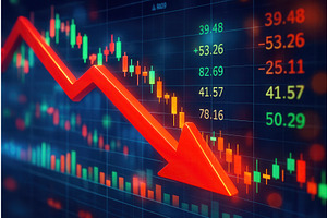 A large red downward arrow overlaid, a Finance Illustration by Sergey Kotenev